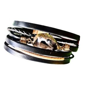 SAACHI black Crystal Geode & leather Multi Layer Cuff Bracelet